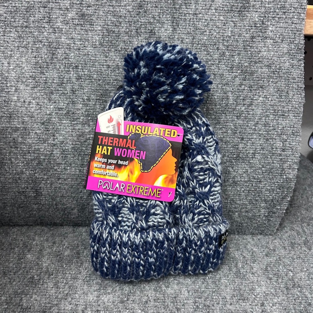 Polar Extreme Womens Thermal Insulated Beanie Pom Pom Knit Hat Navy Blue White